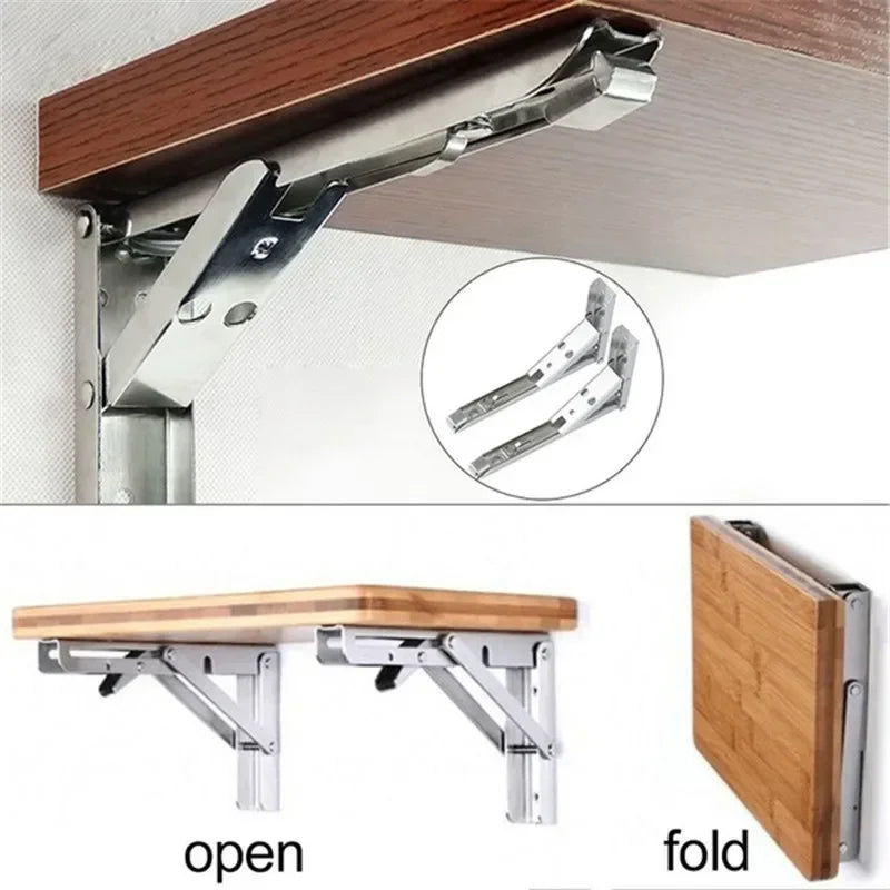 2pcs Heavy Duty Stainless Steel Folding Shelf Brackets Collapsible Wall Mounted L-Table Hinges for Bench & Table with Screws Leedoar