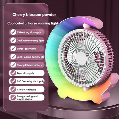 Ventilador colorido legal com carregamento USB Ventilador elétrico silencioso Ciclo de mesa Silencioso Baixo ruído Brilhante 3 velocidades Ajustável Home Office 