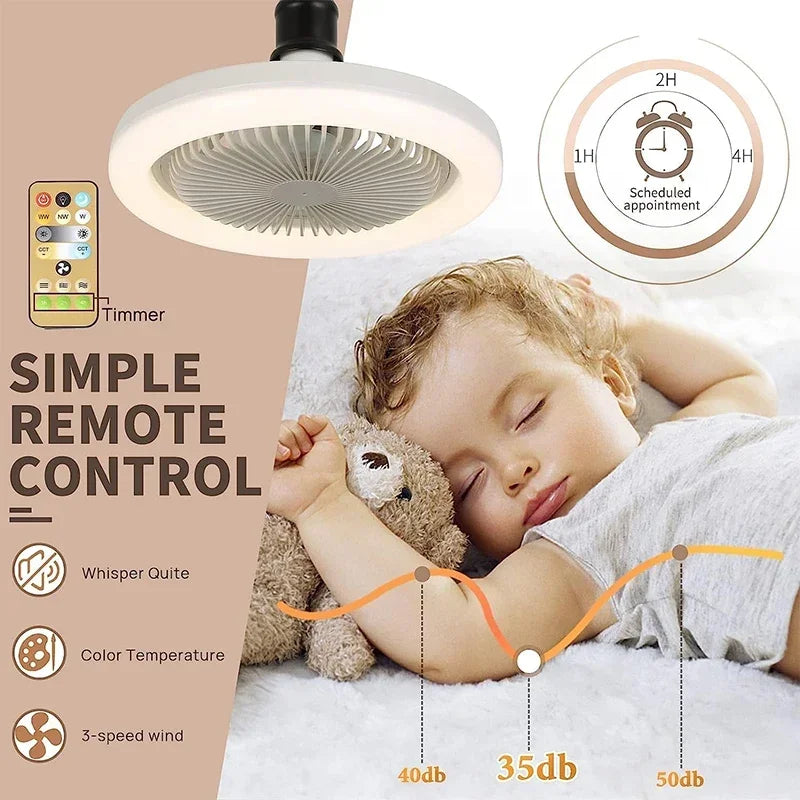 Lámpara de ventilador LED inteligente, pequeña lámpara de ventilador con tornillo E27, lámpara de ventilador con control remoto, lámpara de decoración del hogar, dormitorio, sala de estar, decoración silenciosa 