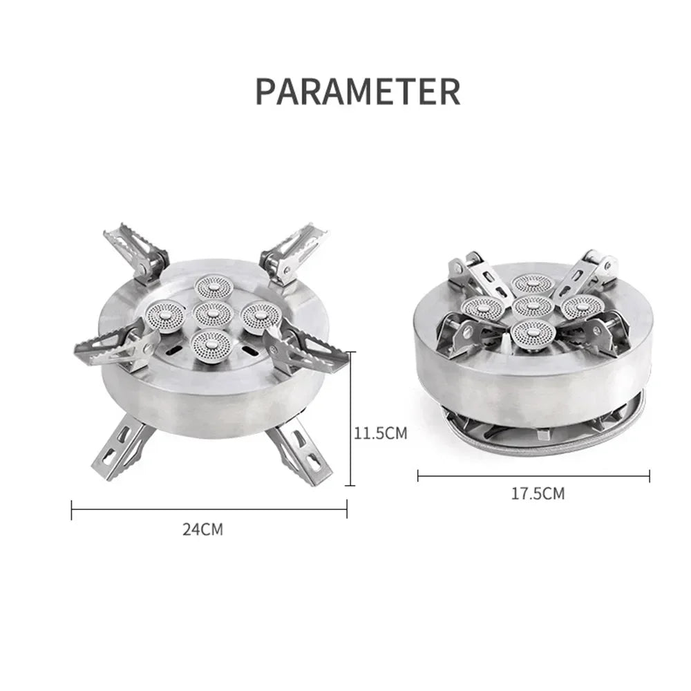 12800W Portable Camping Gas Stove | Windproof Foldable Cooking Stove | Stainless Steel 5-Head Gas Furnace Burner | Foldable BBQ Grill