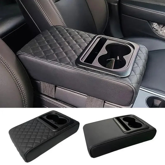 Reposabrazos de cuero sintético para coche, consola central, cojín para reposabrazos con 2 portavasos, funda de almohada portátil para reposabrazos de coche, almohadilla de altura