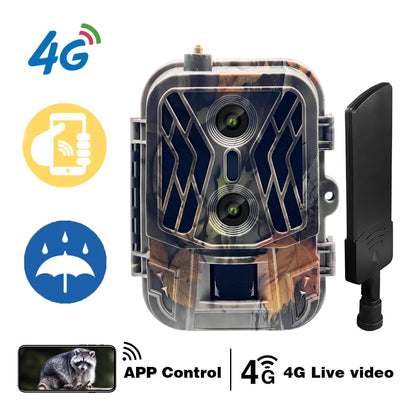 4G HD Live Show Night Vision Trap Game Camera Cellulare Dual Lens Wildlife Hunting Trail Camera with TF Card 36MP 4K Video Leedoar