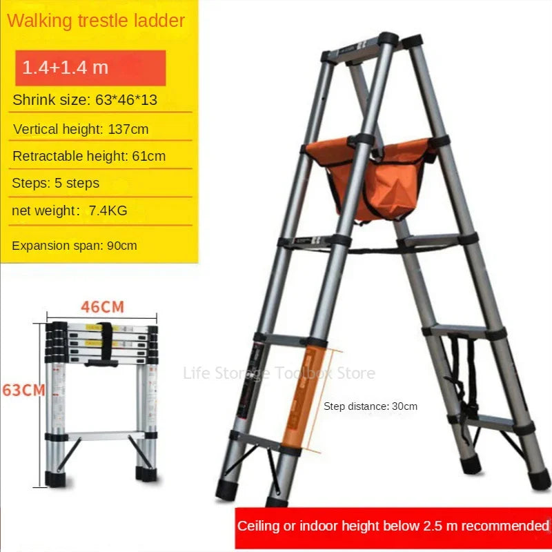 1.4+1.4M Stainless Steel Herringbone Ladder Telescopic Ladders Climbing Step Ladder Folding Ladders Engineering Stairs for Home Leedoar