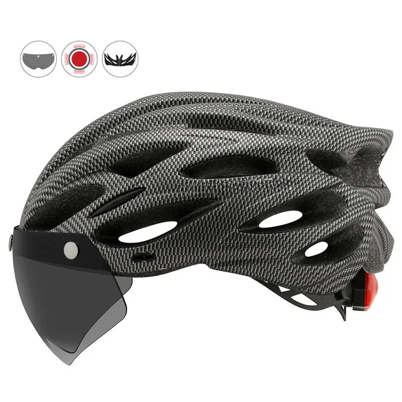 Casco de bicicleta Casco de seguridad para exteriores Casco de bicicleta con lente y ala Luz trasera (CB-26) Accesorios para motocicletas y bicicletas de montaña 