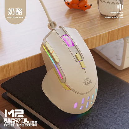 Ratón para juegos con cable M2 apto para ordenadores portátiles, escritorios, juegos de oficina, 12800 DPI, personalización de definición de macros, ratón luminoso RGB 