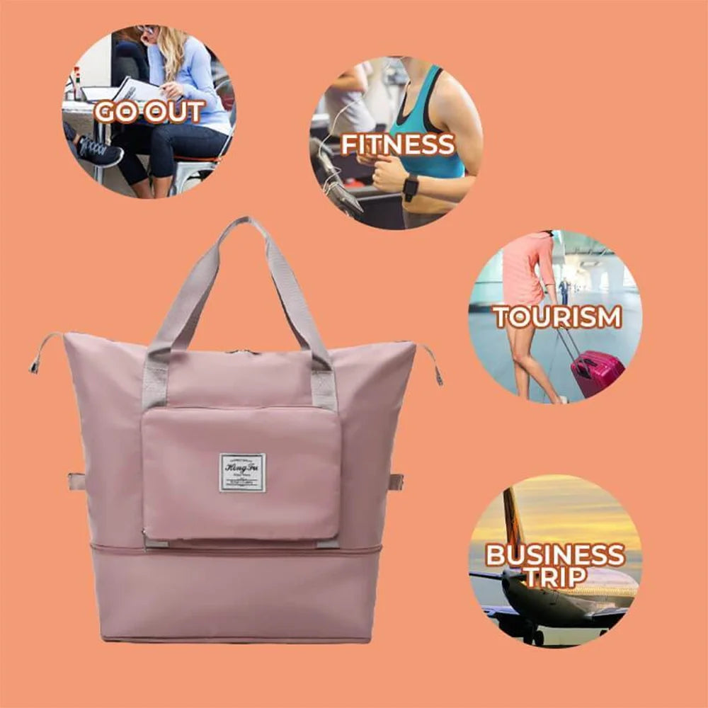 Bolsa de viagem feminina, bolsa grande de capacidade, bolsa dobrável, bolsa de ombro, armazenamento, bolsa à prova d'água, bolsa de ioga, esportiva, transversal 