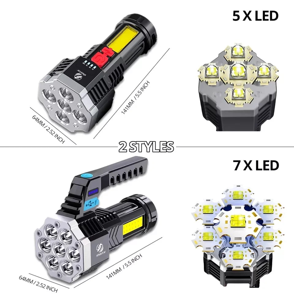 High Power 4000LM 5LED 7LED Outdoor Handheld Lamp Camping Portable USB Rechargeable LED Flashlight COB+XPE LED Torch Flashlights Leedoar