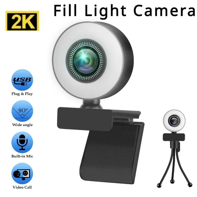 FY69 Full HD Webcam 2K Câmera Web Foco Automático com Microfone para PC Laptop 1080P Web Fill Light Cam para Conferência de Estudo Online 