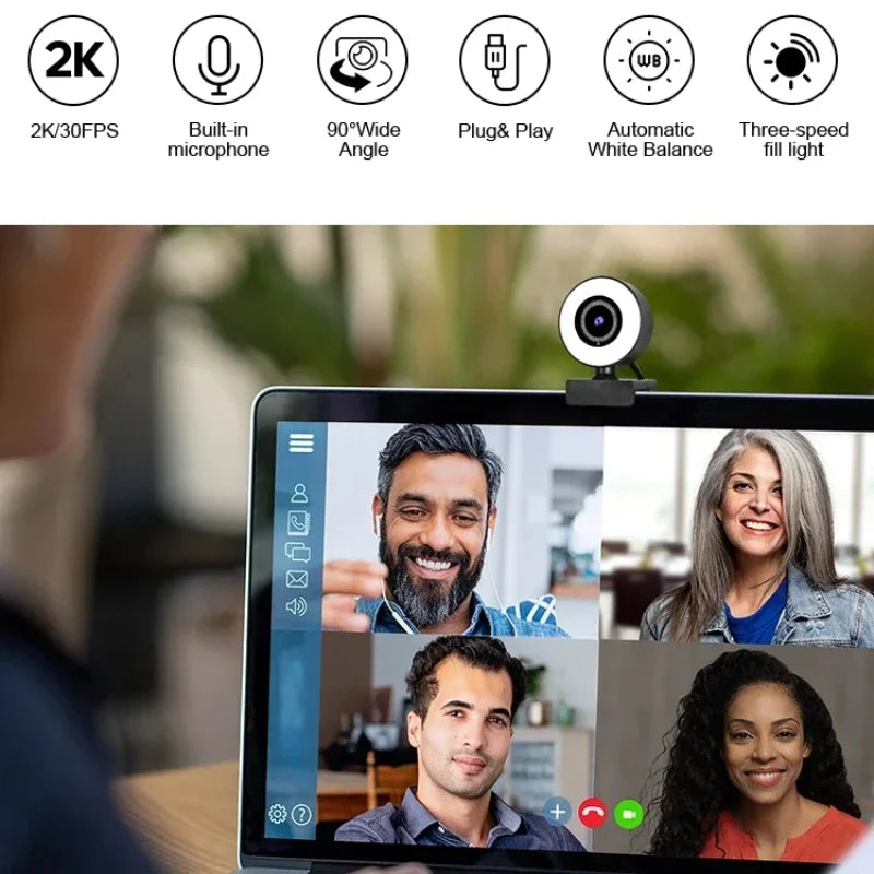 FY69 Full HD Webcam 2K Câmera Web Foco Automático com Microfone para PC Laptop 1080P Web Fill Light Cam para Conferência de Estudo Online 