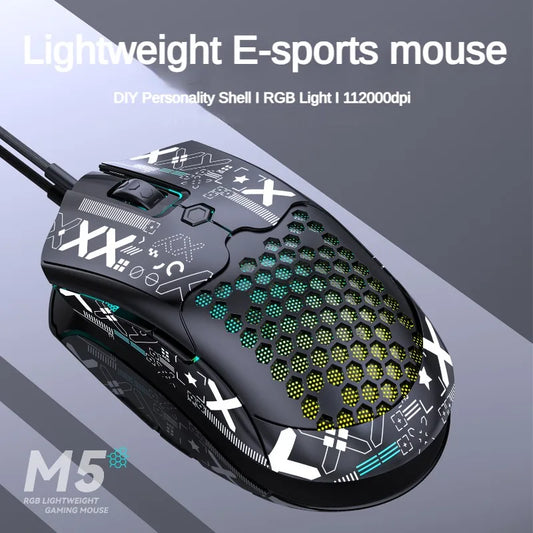 Ratón USB con cable ligero y diseño ergonómico M5 Honeycomb con chip RGB PAW3325 de 800 a 12 000 DPI para juegos de deportes electrónicos, PC, portátil y tableta 