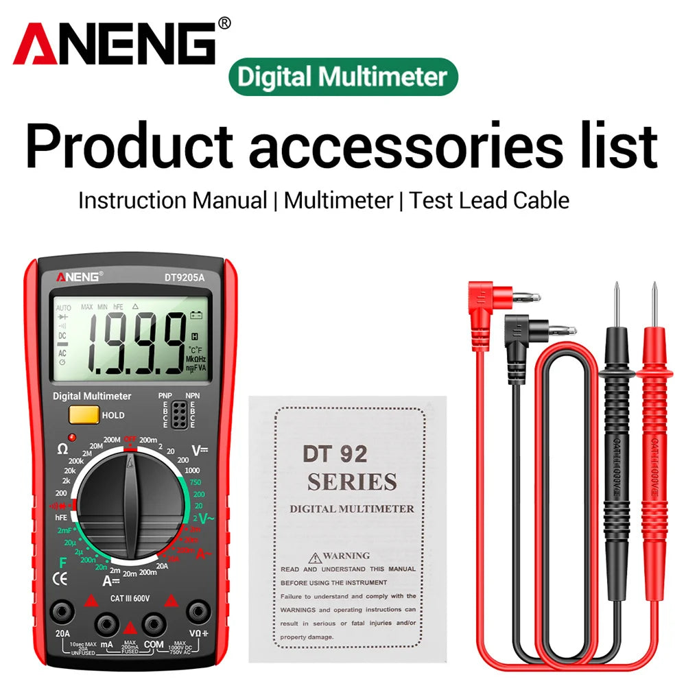 ANENG DT9205A Digital Multimeter AC/DC Transistor Tester Electrical NCV Test Meter Profesional Analog Auto Range Multimetro Leedoar