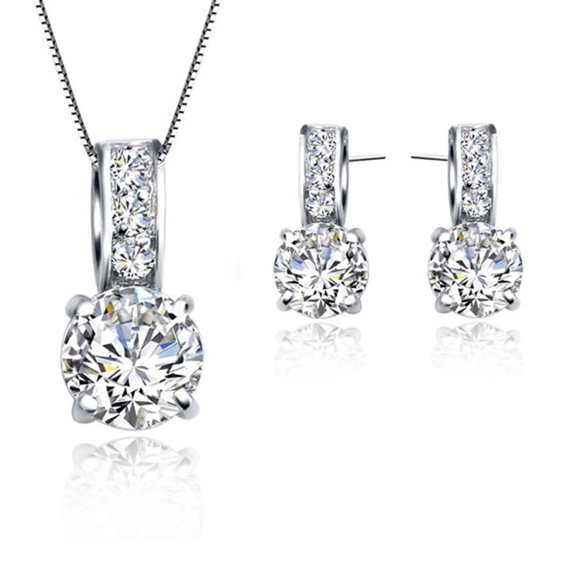 925 Sterling Silver Color Bridal Jewelry Set Classic Cubic Zircon Crystal Pendant  Necklace Stud Earrings for Women Girls Gift Leedoar