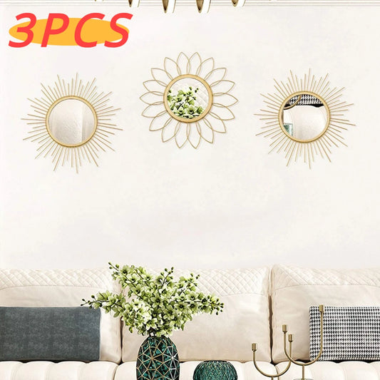 3 peças Espelho Circular Dourado Metal Arte Parede Pendurado Decoração Luz Luxo Homestay Quarto Sala de estar Decoração Acessórios 