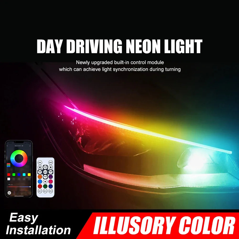 A Pair of Car RGB illusion Daytime Running Lights APP Mobile Bluetooth Control Light Strip 30CM 45CM 60CM driving Lamp Strip Leedoar