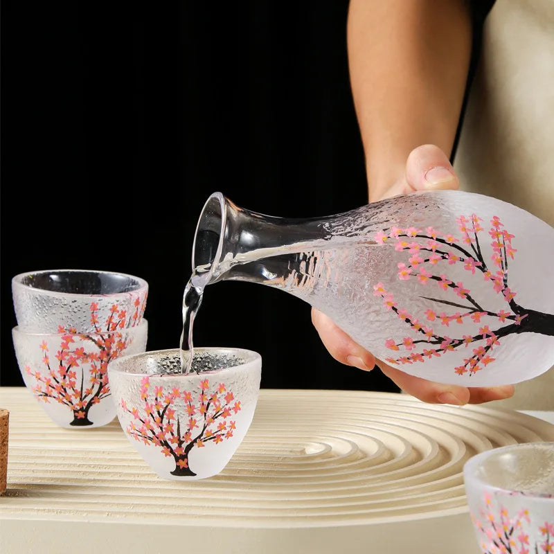 6pcs/Set Japanese Style Sake Set Sakura Wine Glasses Wine Decanter Handmade Vintage Sake Glass Teacup Water Cup Household Items Leedoar