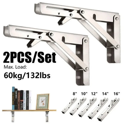 2pcs Heavy Duty Stainless Steel Folding Shelf Brackets Collapsible Wall Mounted L-Table Hinges for Bench & Table with Screws Leedoar