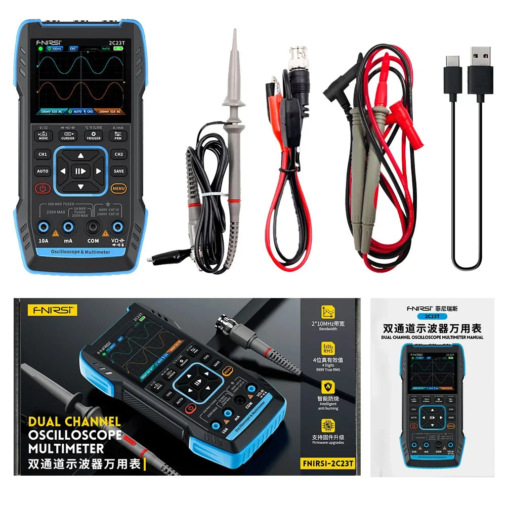 2C23T Digital Oscilloscope Multimeter 3 in 1 Dual Channel 50MS/s Sampling Rate 10MHz*2 Bandwidth Function Signal Generator Leedoar