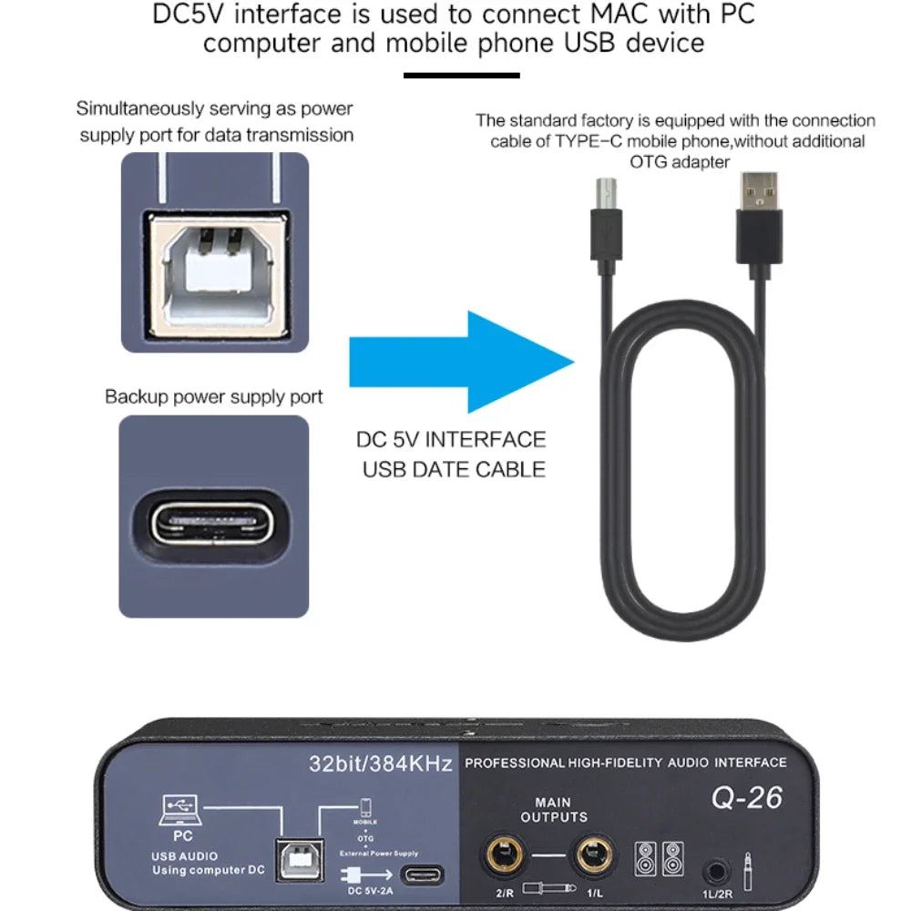 2024 NEW TEYUN Q-26 Audio Interface Sound Card With Monitoring Electric Guitar Live Recording Professional Sound Card For Studio Leedoar