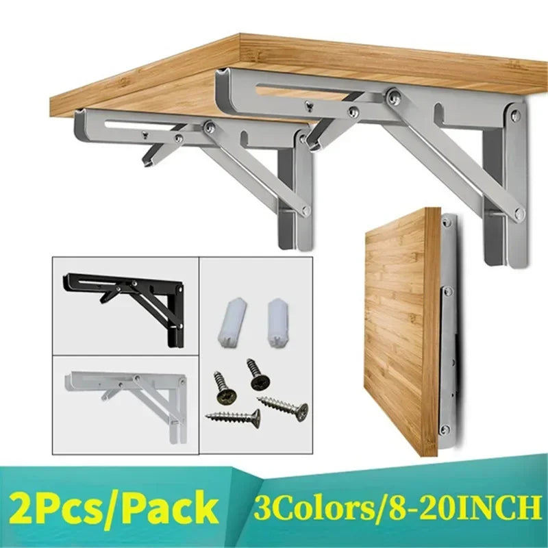 2pcs Heavy Duty Stainless Steel Folding Shelf Brackets Collapsible Wall Mounted L-Table Hinges for Bench & Table with Screws Leedoar