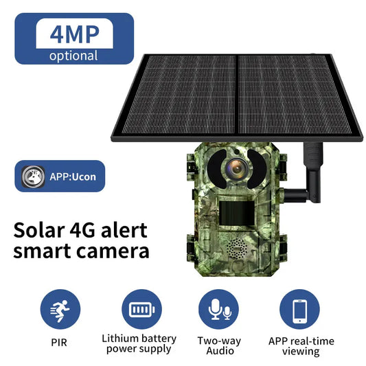 Câmera solar de 4MP 4G 6W Câmera de trilha de caça Áudio bidirecional Detecção PIR Visão noturna infravermelha Detecção de movimento Câmera de vida selvagem