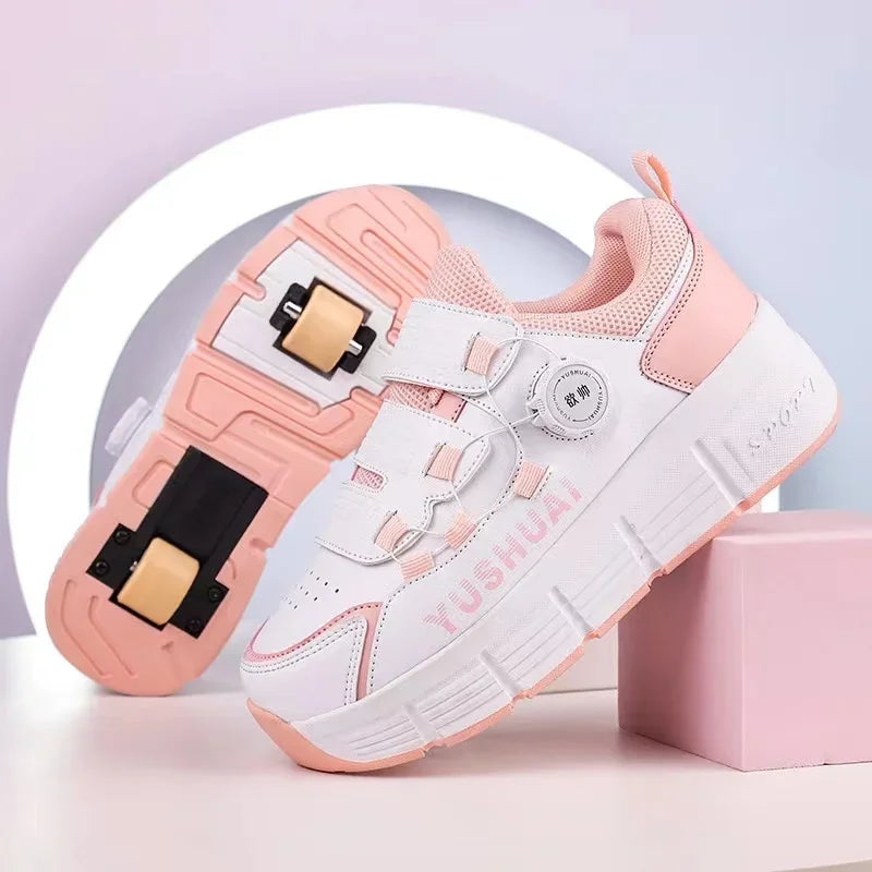 Kids 2-Wheel Roller Skate Shoes With Rotating Buckle Children Deformation Parkour Runaway Boy Girl Gift Blade Flying Sneakers Leedoar