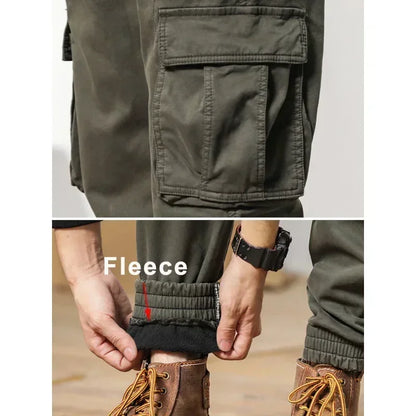 2022 New Multi-Pockets Winter Cargo Pants Men Fleece Liner Thick Warm Slim Fit Joggers Streetwear Casual Cotton Thermal Trousers Leedoar