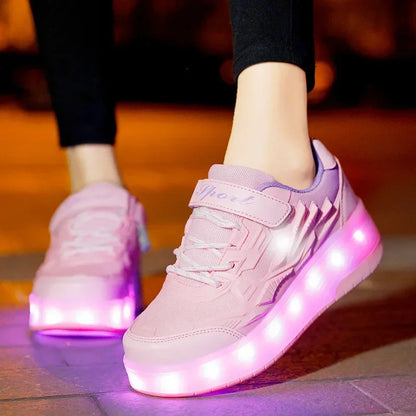 Boys Girls Sneakers Laces 2 Wheels Sneakers Christmas Birthday Kids Show Gift Kids Roller Skates LED Light Leedoar