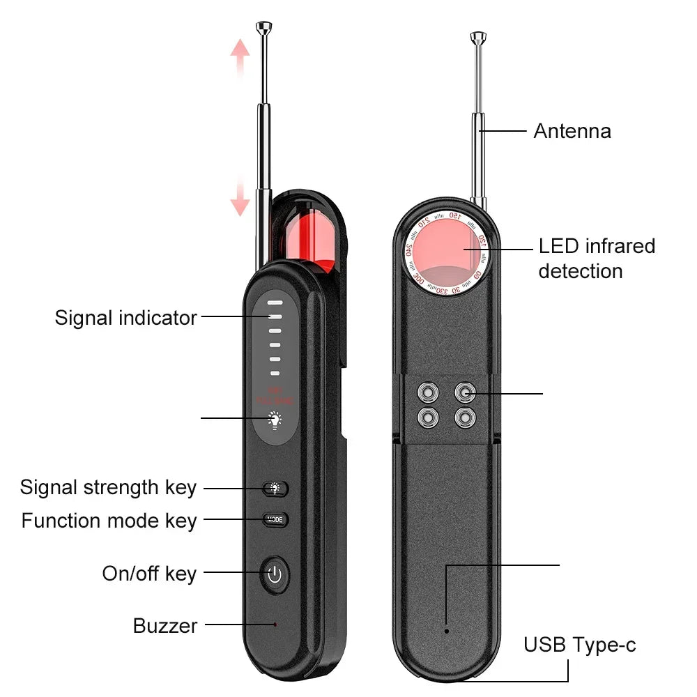 Detector de câmera oculta Dispositivo de escuta Rastreador Anti-espião Sinal eletrônico 5 níveis de sensibilidade Scanner de sinal sem fio para casa