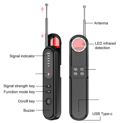 Detector de cámara oculta, dispositivo de escucha, rastreador, antiespía, señal electrónica, 5 niveles de sensibilidad, escáner de señal inalámbrico para el hogar