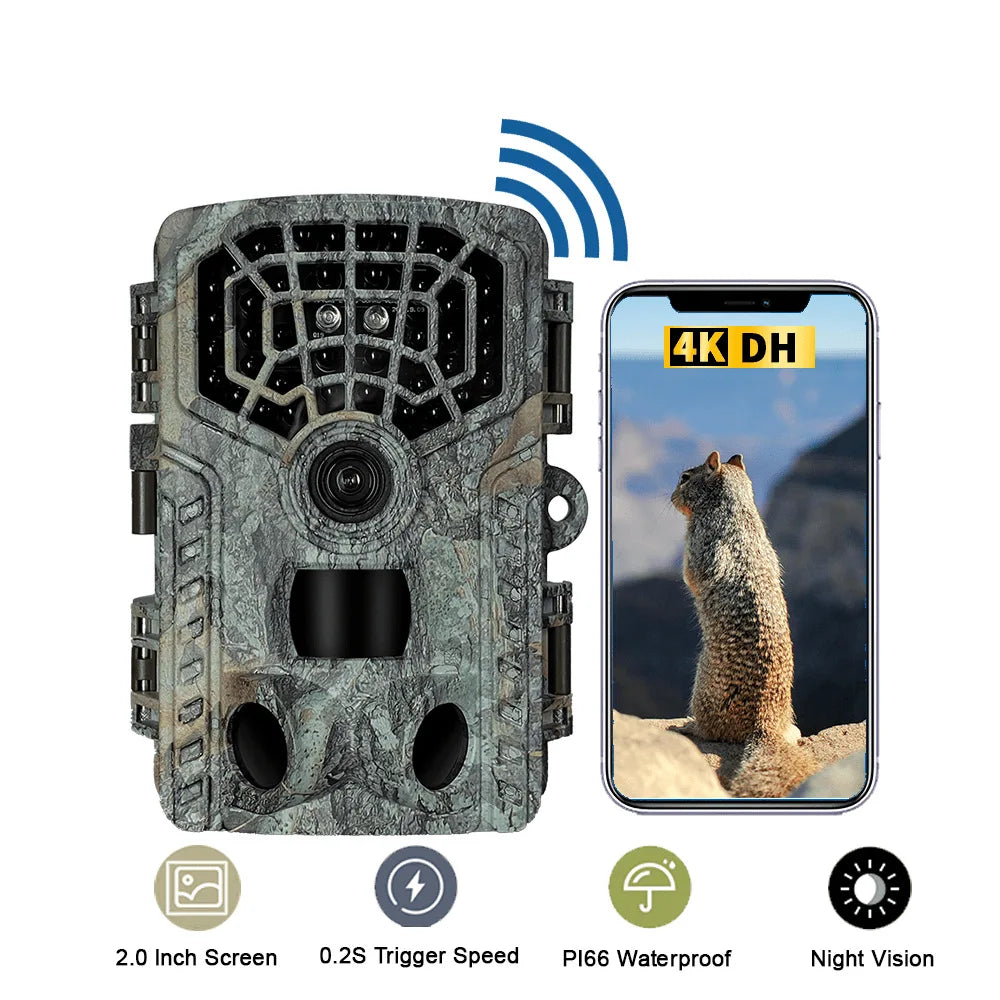 Câmera de caça 4K HD WIFI Câmera de trilha de vida selvagem com baixo brilho Arction 48MP IP65 Armadilha fotográfica externa à prova d'água com visão noturna