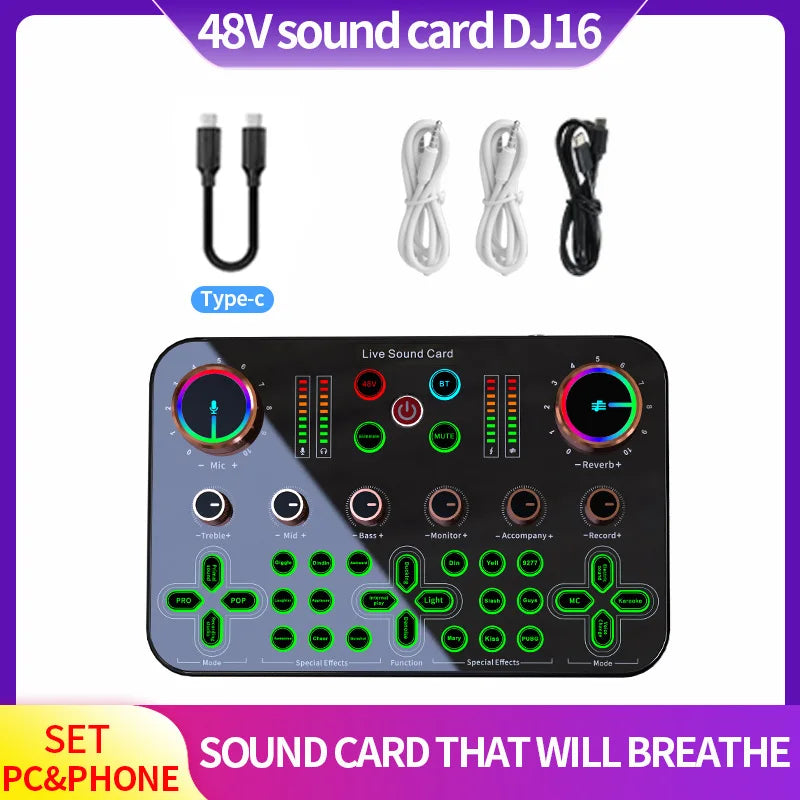 48V DJ16 Sound Card BM 800 Microphone Bluetooth Wireless Karaoke with Live Streaming for PC Phone Singing Games Youtube TikTok Leedoar