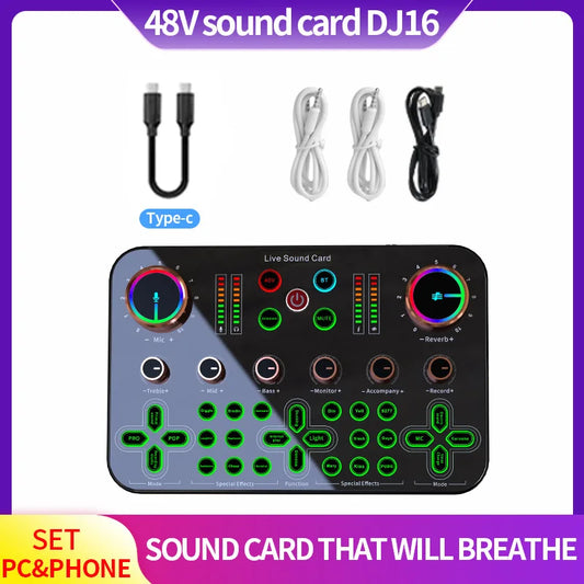 Tarjeta de sonido DJ16 de 48 V, micrófono BM 800, karaoke inalámbrico con Bluetooth y transmisión en vivo para PC, teléfono, juegos de canto, YouTube, TikTok 