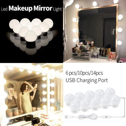 Espejo de maquillaje LED con bombilla, espejo de relleno, tocador, colección de hilos giratorios, táctil, tres colores de temperatura 