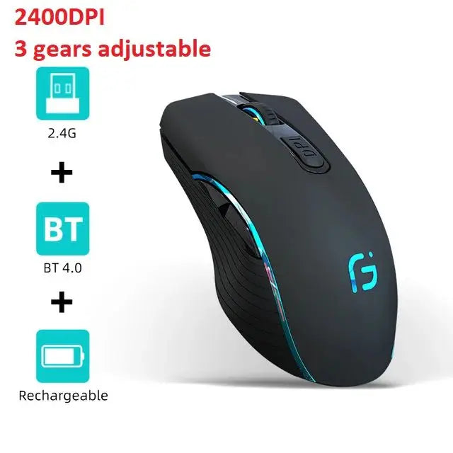 Ratón inalámbrico para juegos de modo dual 2.4G + Bluetooth OGORUS X9 ergonómico 2400DPI ajustable silencioso 7 colores brillo para PC portátiles 