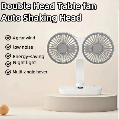 Ventilador portátil multifunción de doble cabezal, 4 velocidades, ajustable, pantalla digital de alta definición, luces nocturnas, nuevo modelo 2024