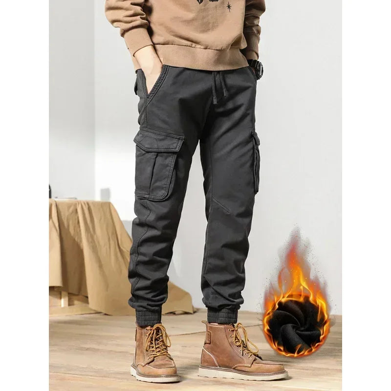 2022 New Multi-Pockets Winter Cargo Pants Men Fleece Liner Thick Warm Slim Fit Joggers Streetwear Casual Cotton Thermal Trousers Leedoar