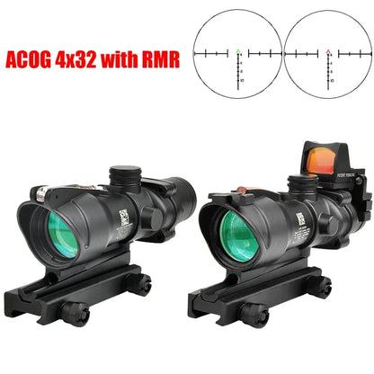 4X32 With RMR Real Fiber Optics Red Green Dot Illuminated Chevron Glass Etched Reticle Tactical Optical Scope Hunting Sight Leedoar