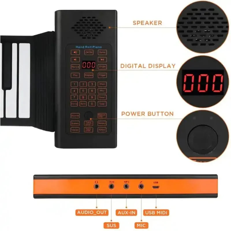 88 teclas piano eletrônico MIDI e carregamento USB portátil ABS silicone macio teclado flexível piano digital roll up com chifre e pedal 