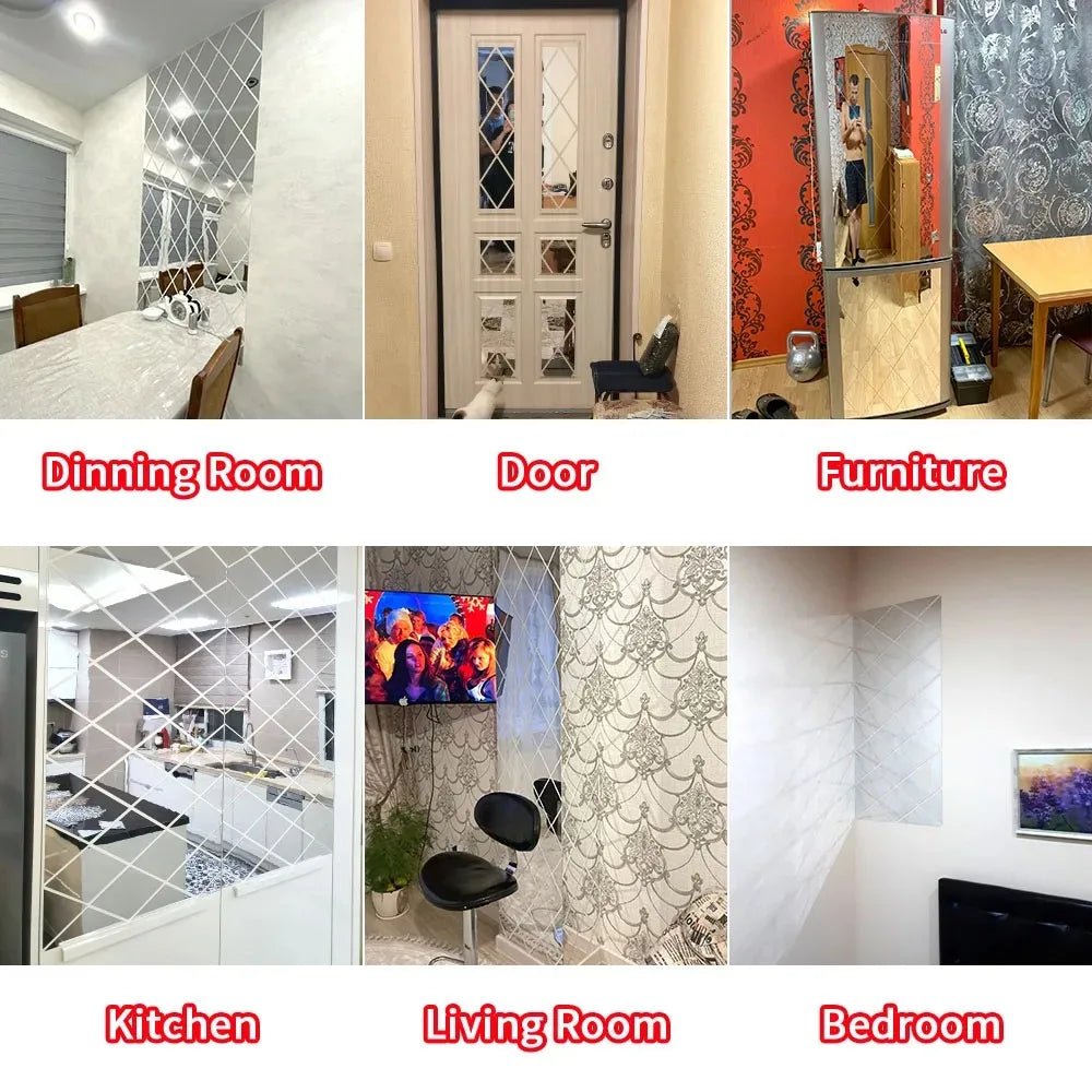 10/17/32/58Pcs 3D Acrylic Mirror Wall Sticker DIY Diamonds Rhombus Self-adhesive Surface Wall Stickers Living Room Decor Leedoar