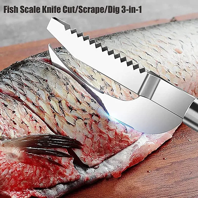 Stainless Steel 3 In 1 Fish Scale Knife Cut/Scrape/Dig Maw Knife Scale Scraper Sawtooth Peelers Scraping Boning Filleting Leedoar