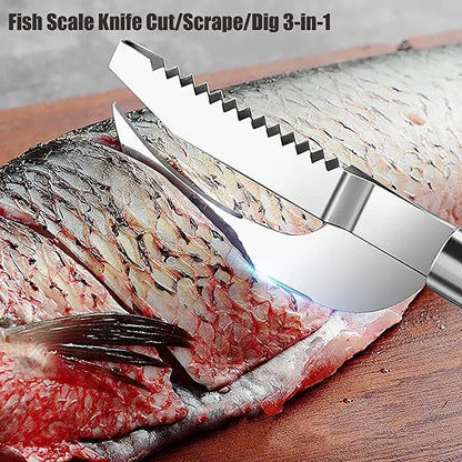 Stainless Steel 3 In 1 Fish Scale Knife Cut/Scrape/Dig Maw Knife Scale Scraper Sawtooth Peelers Scraping Boning Filleting Leedoar