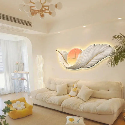 Decoração de sala de estar de penas de luxo moderno, pintura de relógio, pintura de luz LED, cabeceira de cama, escultura, decoração, pintura mural 