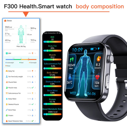 F300 Smart Watch ECG Monitoring SOS Fall Alarm Blood Sugar Blood Pressure Watch HRV Report HD Screen Bluetooth Calls Smartwatch Leedoar