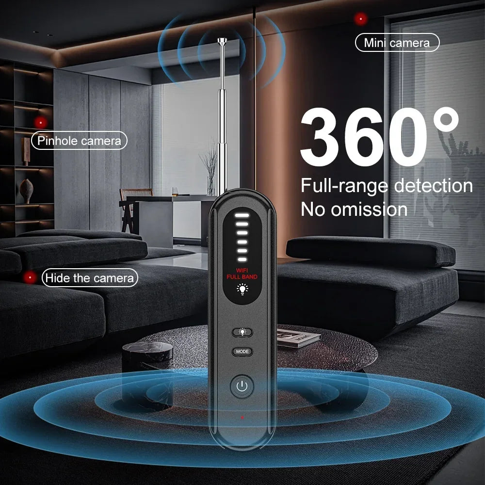 Detector de câmera oculta Dispositivo de escuta Rastreador Anti-espião Sinal eletrônico 5 níveis de sensibilidade Scanner de sinal sem fio para casa