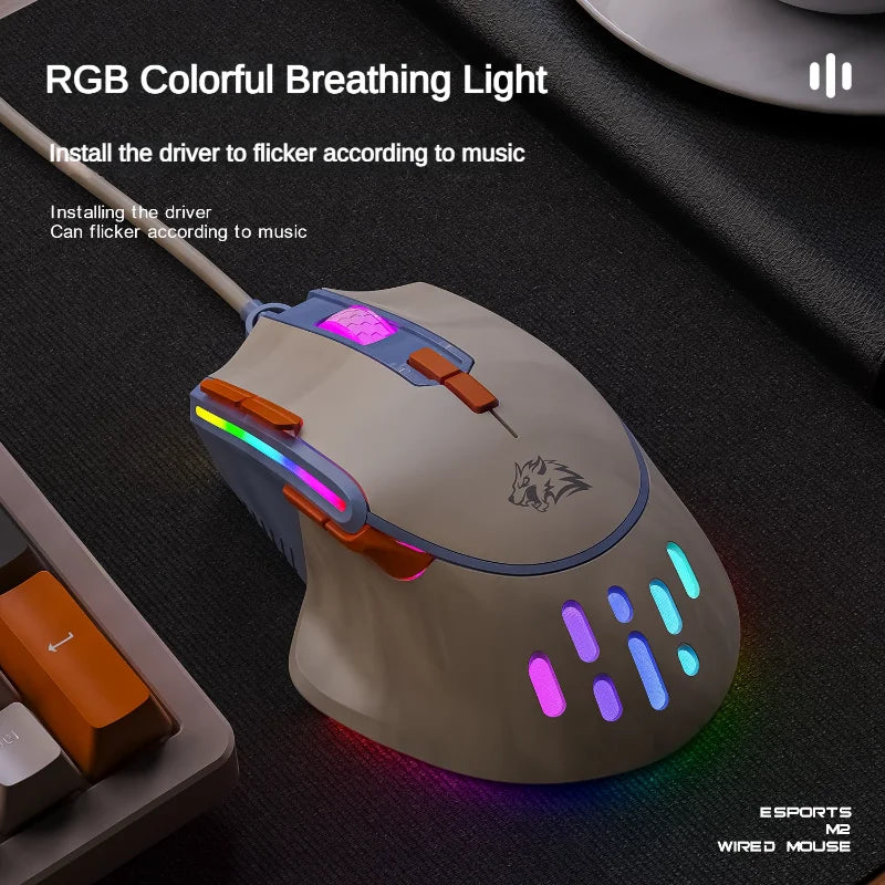 Mouse de jogo com fio M2 adequado para laptop, desktop, jogos de escritório, 12800 DPI, definição de macro, personalização, mouse luminoso RGB 