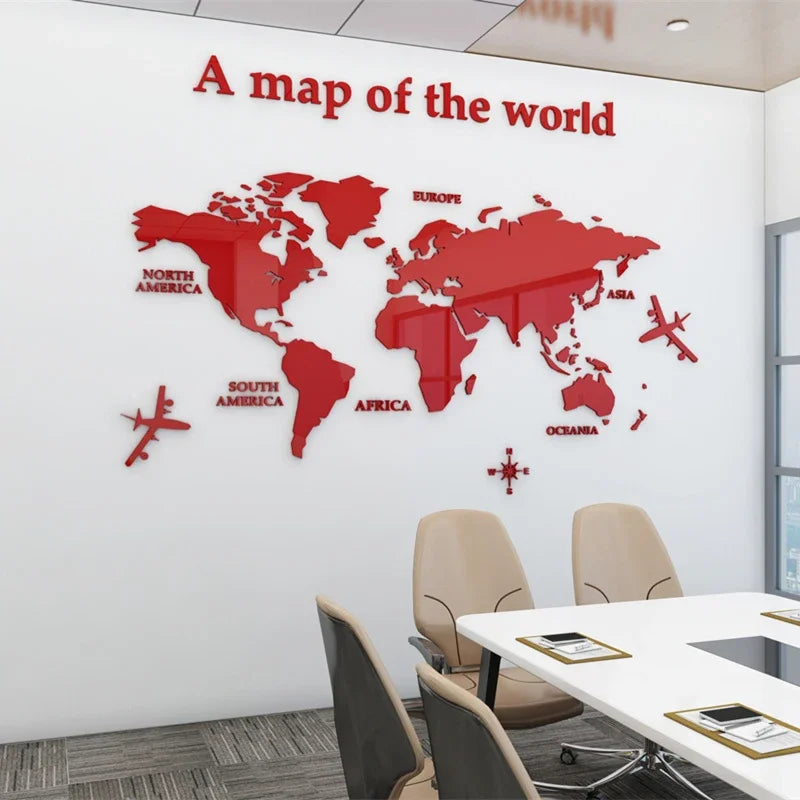 Adesivos de parede de espelho de mapa-múndi acrílico 3D, decoração de fundo de escritório tipo europeu, decoração de parede para sala de estar, quarto