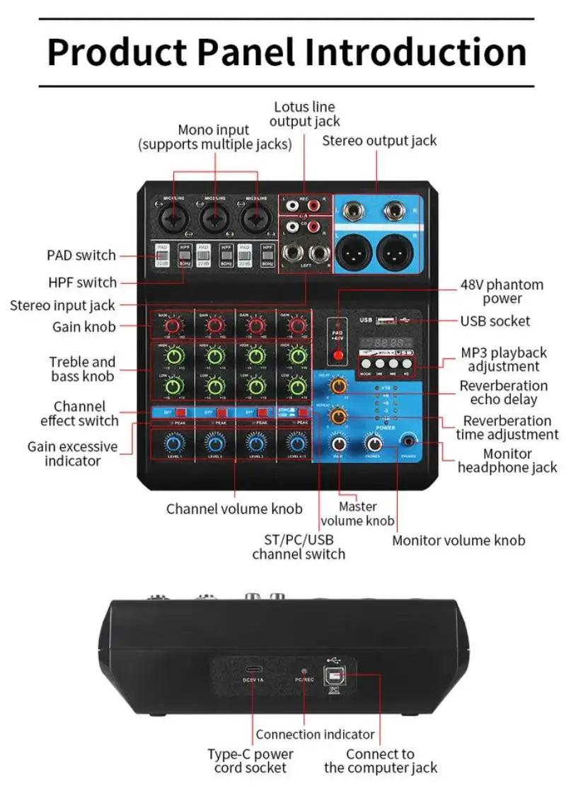 5 Channel Sound Mixer Table Audio Professional Portable Digital Console Computer Recording DJ Controller Processor USB Bluetooth Leedoar