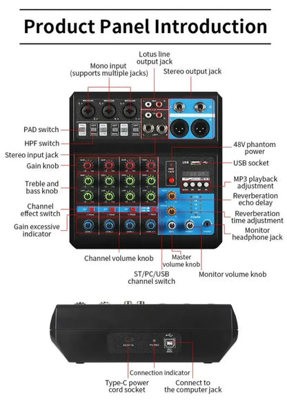 5 Channel Sound Mixer Table Audio Professional Portable Digital Console Computer Recording DJ Controller Processor USB Bluetooth Leedoar