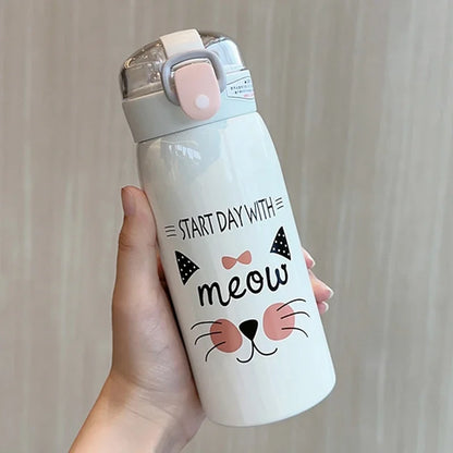 Termo de acero inoxidable con pajita para niños, botella de agua portátil con dibujos de gatos, creativa, de 350 ml o 500 ml 