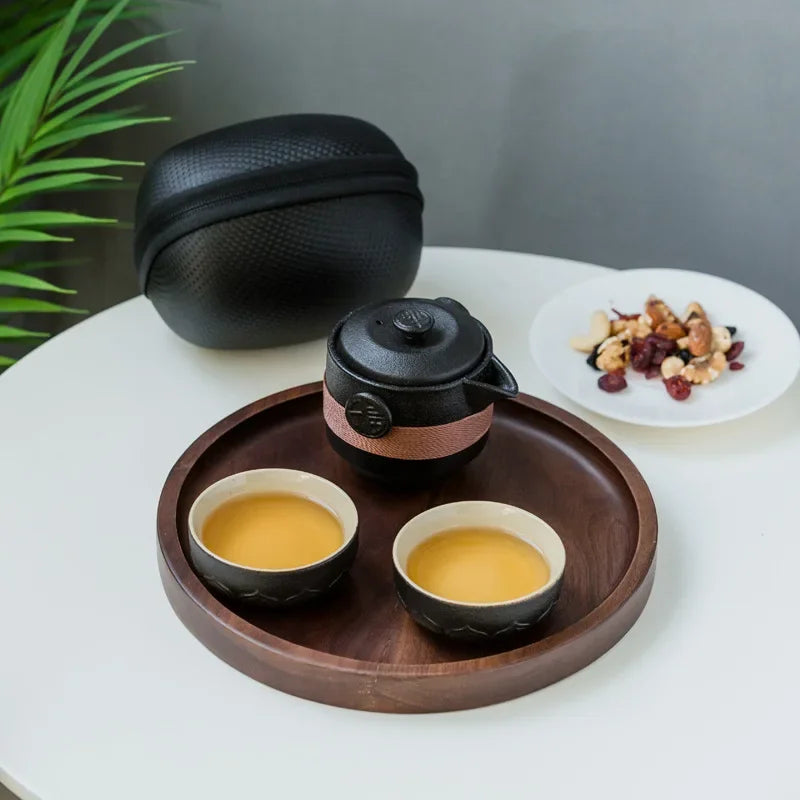 Black Pottery High-end 1 Pot 2 Cups Tea Set Outdoor Portable Bagged Travel Home Office Kung Fu Tea Set Essential For Traveling Leedoar